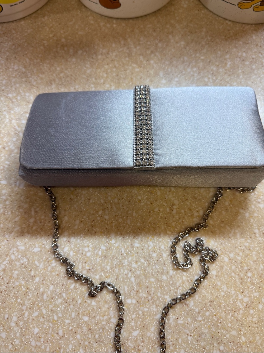 Silver Satin Evening Clutch with Crystal Accent Crossbody Purse Silver Chain